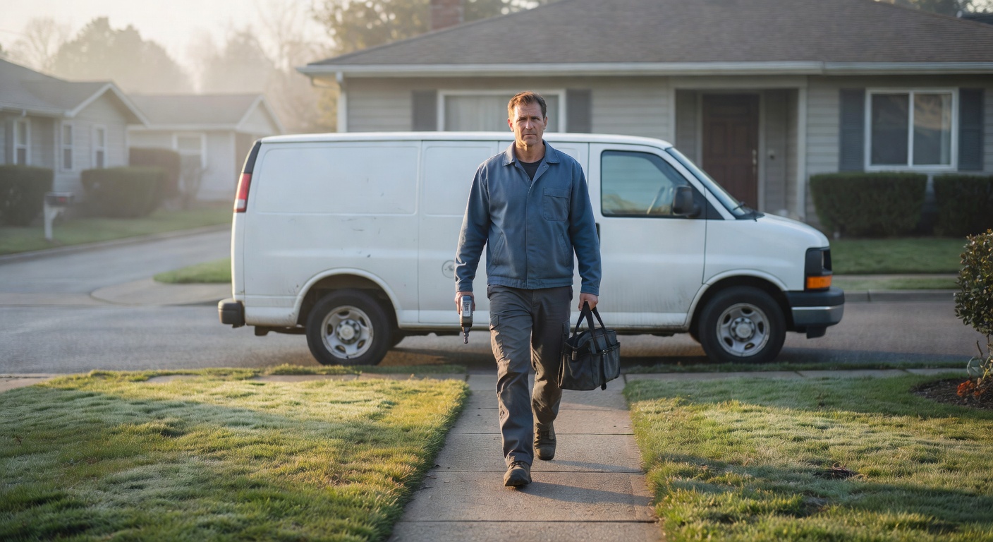 A field technician walking from a service van toward a front door, prepared with the right tools.